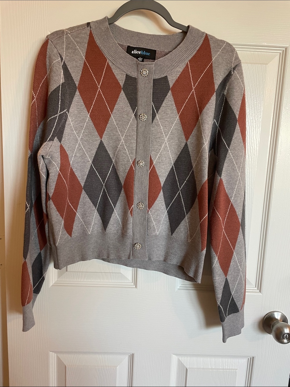 Alice Blue Gray, Rust & Charcoal Argyle Crewneck Cardigan Sweater